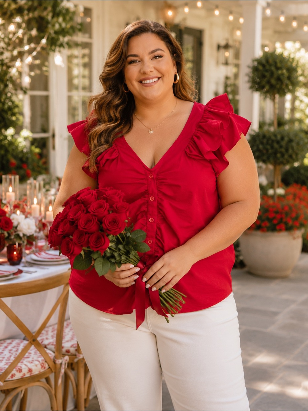 Ashley Stewart Vibrant Red Ruched Ruffled Blouse Size 18 Office Casual